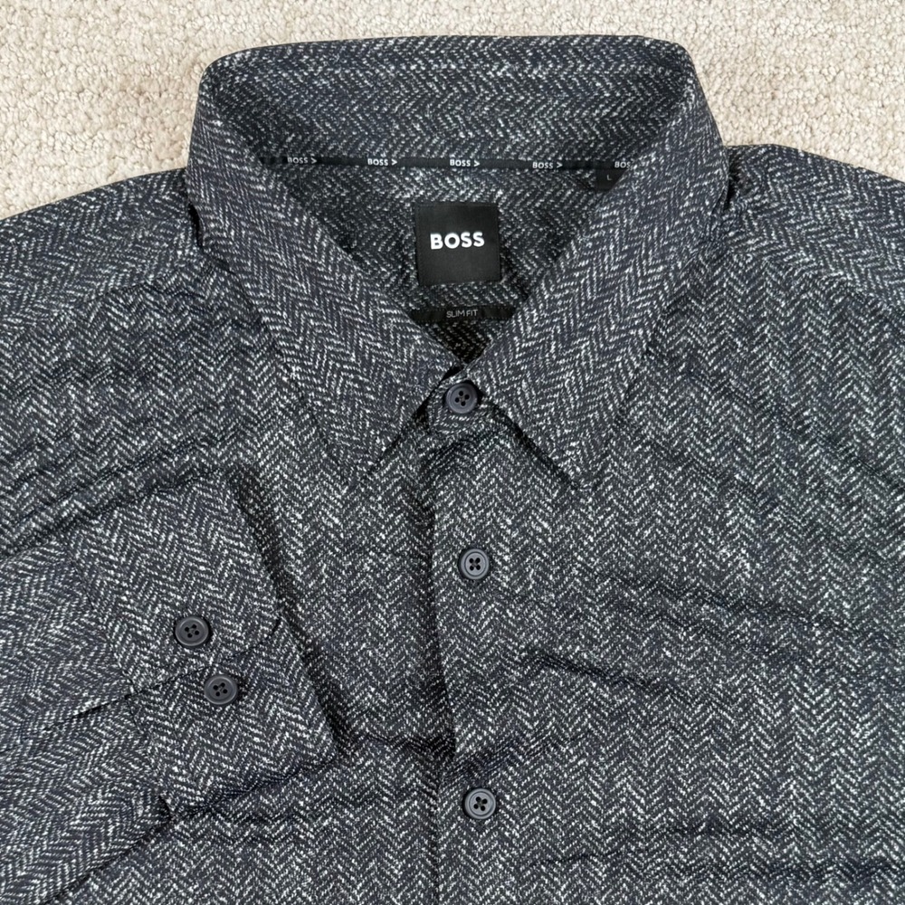 Boss Mens Large Gray Herringbone Slim Fit Long Sleeve Button Up Shirt
